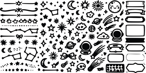 Set of hand drawn space elements stars planets comets constellations dividers and banners for creative design projects in black ink style © Arun