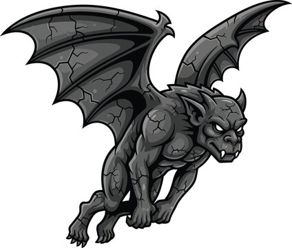 Detailed vector illustration of a menacing flying gargoyle featuring a cracked stone texture perfect for fantasy themes or gothic designs