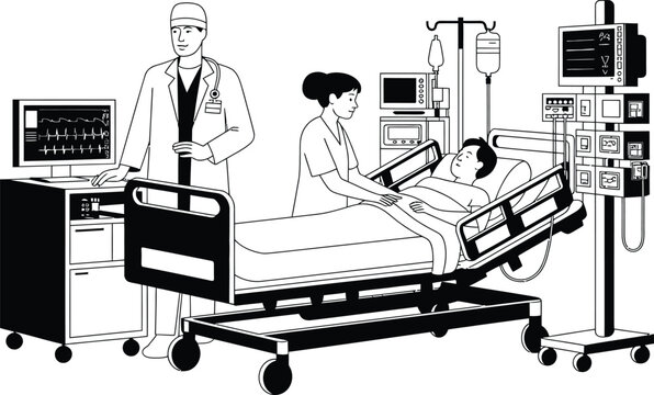 Hospital Intensive Care Unit with Doctor Nurse Patient Bed Cardiac Monitor IV Equipment, Medical Healthcare Black Vector Illustration Scene