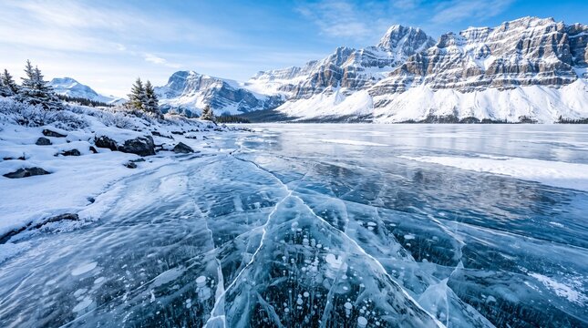 Frozen Bow Lake with Methane Ice Bubbles and Snowy Canadian Rockies Mountains in Winter