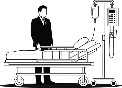 Hospital Patient Bed with IV Drip Medical Equipment and Standing Visitor, Healthcare Treatment Black Line Vector Illustration for Clinical Care