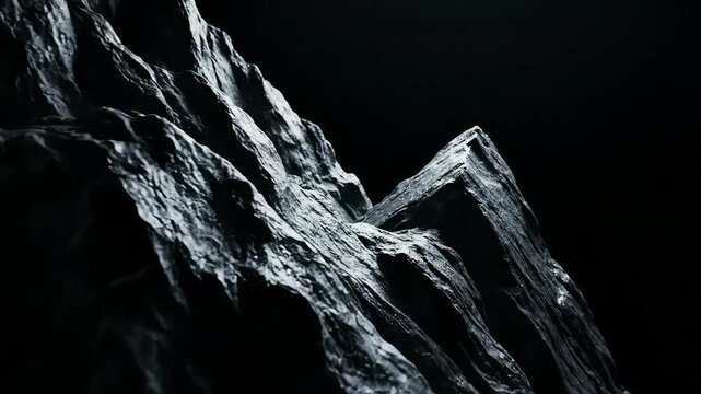 Slow camera pan across jagged dark rock formations against a black background. Dramatic lighting highlights textures of stone peaks. Concept of geology, minimalism, cinematic background, abstract