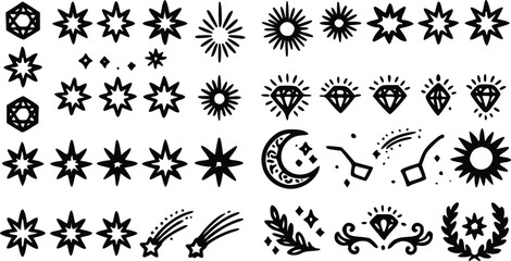Set of hand drawn black ink star shapes and celestial elements like moon diamond sun and shooting star symbols for creative design projects © Arun
