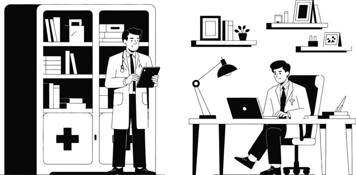 Modern Doctor Office Interior Vector Illustration, Professional Physician Working with Medical Cabinet, Clinic Workspace, Healthcare Consultation, Flat Black and White Design