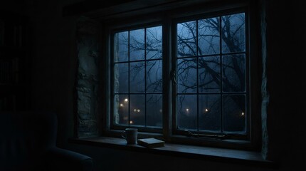 Fototapeta premium Dark Window View with Book and Mug on Rainy Night, Atmospheric Moody Background for Seasonal Marketing