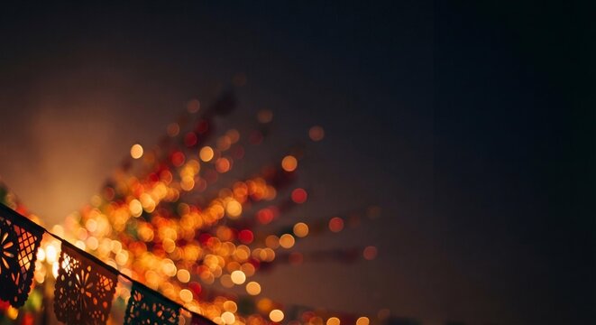 Traditional Mexican Papel Picado Banners with Festive Bokeh Lights, Dia de Muertos Celebration Background