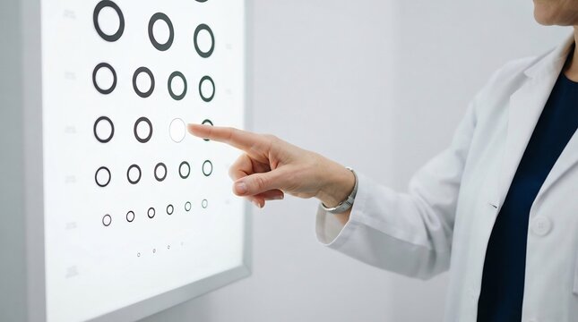 Optometrist points at landolt c eye chart during routine vision screening examination in clinic