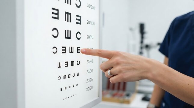 Optometrist pointing finger at snellen chart during professional eye examination in modern clinic