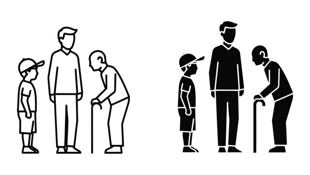 Generations of men standing in a row showing aging process in a minimalist vector illustration style