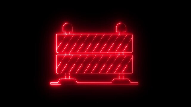 Glowing Neon Road Construction Barrier Line Icon on black Background .  4k motion graphics animation.