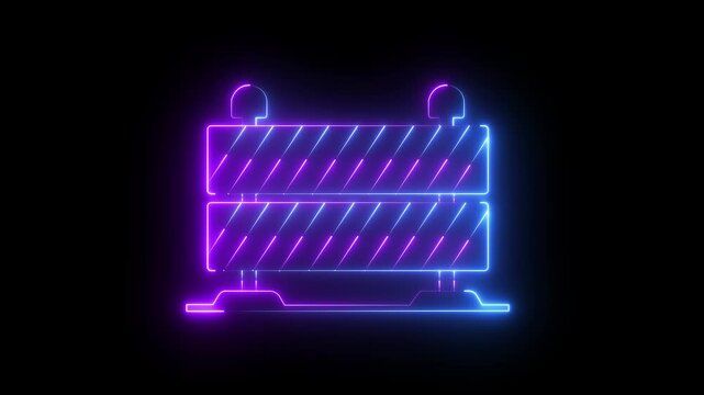 Glowing Neon Road Construction Barrier Line Icon on black Background .  4k motion graphics animation.