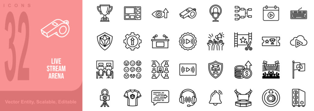 Live streaming and content creator line icon set. Includes symbols for Ring Light, Microphone, Webcam, and Chat Donation. Line vector icons for Twitch streamer and YouTuber.