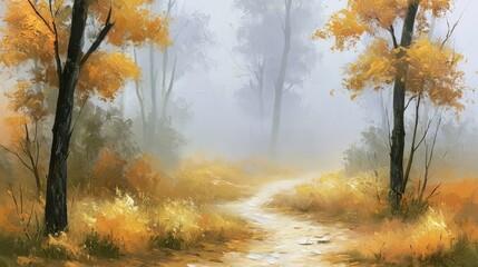 Fototapeta premium A path winds through a misty forest with trees in autumn colors. Gentle brushwork shows the soft, warm palette of gold and amber.
