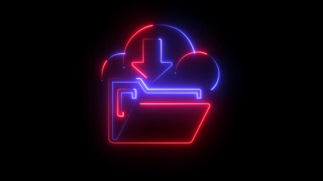 Glowing Neon Cloud Download Folder Icon, Cloud Storage Technology on black Background .  4k motion graphics animation.