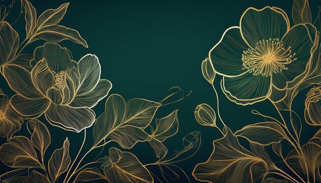 dark green art background with flowers in golden line style hand drawn botanical floral banner for packaging design wallpaper print textile invitations interior design