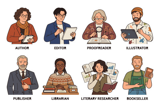 Illustrated book industry professionals vector icons set