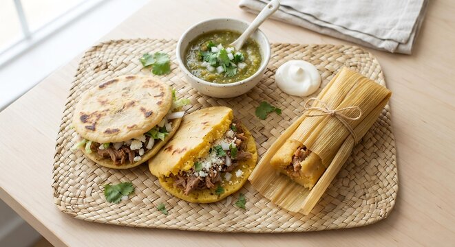 Traditional Mexican Gorditas and Tamales on Woven Mat, Authentic Latin American Cuisine Food Photography for Restaurant Marketing