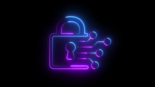 Glowing Neon Cyber Security Padlock  Icon, Digital Data Protection on black Background. 4k motion graphic animation.