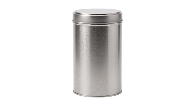 Metal cylindrical tin container with seamless fitted lid, isolated on transparent background