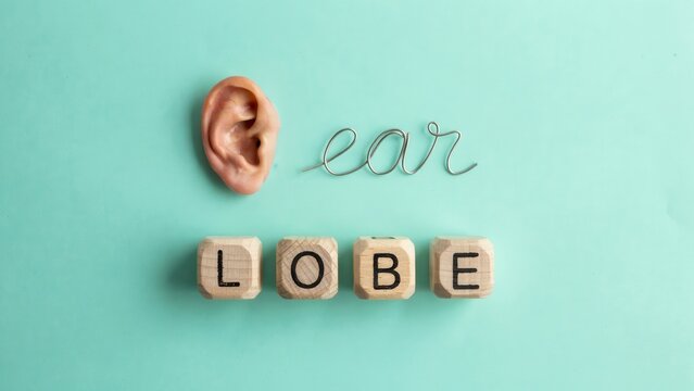 Anatomical concept of ear lobe with human ear model, wire script and wooden letter blocks