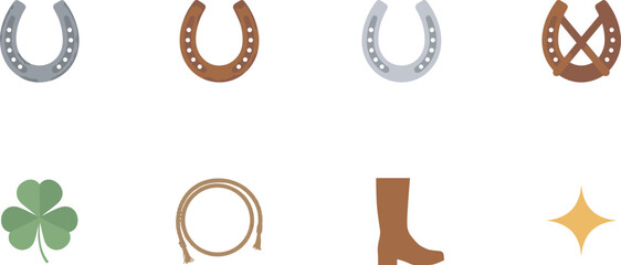 Lucky horseshoe and western cowboy elements vector illustration set featuring steel and rusty horseshoes four leaf clover lasso rope boot and star symbols © Halima