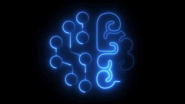 Glowing Neon Artificial Intelligence Brain Circuit Icon, AI Network Technology on black Background. 4k motion graphic animation.