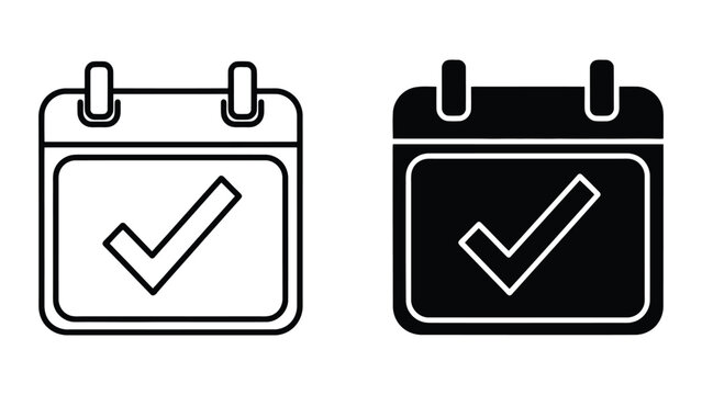 Calendar Icon Set with Check Mark Symbol in Outline and Solid Vector Style for Planning Tasks