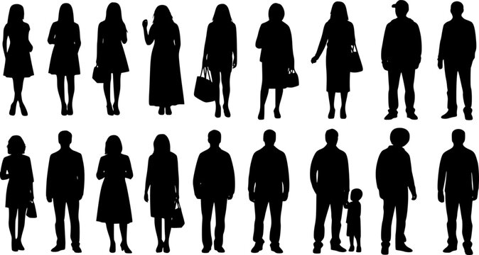 Vector silhouettes men and women, illustration. Silhouettes of people posing in casual clothes. Transparent background EPS version.