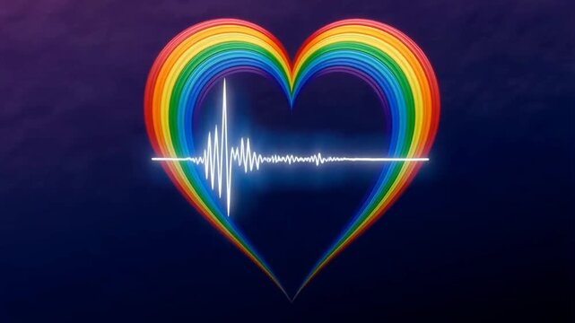 A glowing rainbow heart outline features an active white heartbeat pulse line running horizontally across its center against a dark textured background.
