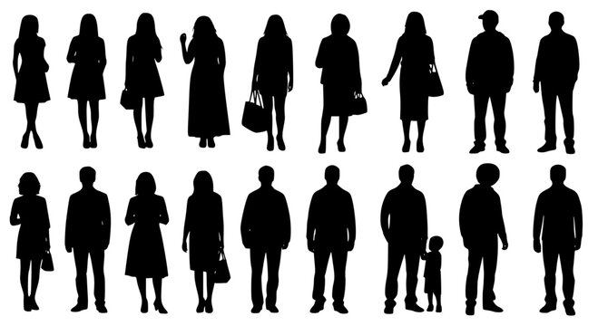 Vector silhouettes men and women, illustration. Silhouettes of people posing in casual clothes. Transparent background SVG version.