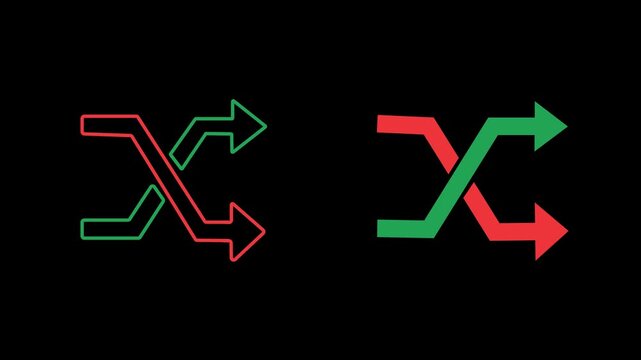Set of red and green crossing shuffle arrows, presented in both outline and filled style. Shuffle crossing arrow icons. 2D animation with 4K resolution and alpha channel.