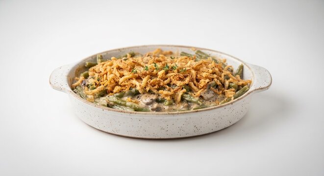 Green Bean Casserole in Ceramic Dish with Crispy Onions, Thanksgiving Holiday Food Photography for Menu Design
