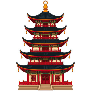 Red Gold Five Tier Traditional Chinese Pagoda Vector