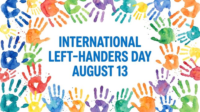 Colorful watercolor handprints and text celebrating international left handers day on august thirteenth