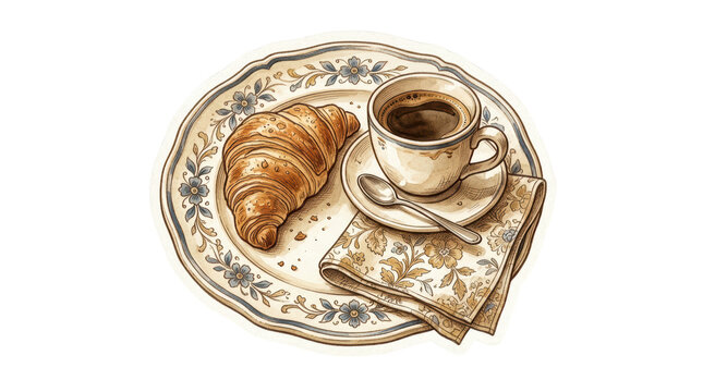 A vintagestyle illustration of a croissant and a cup of coffee on a plate isolated on transparent background