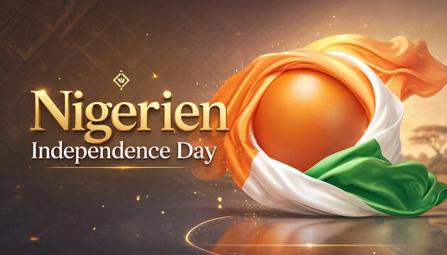 Nigerien independence day gold text design with abstract flag motif and sphere, nigerien