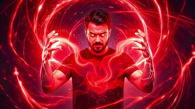 Male character with luminous red eyes controlling a vortex of energy. Supernatural power concept with swirling light effects. Static shot with slight vertical tilt.