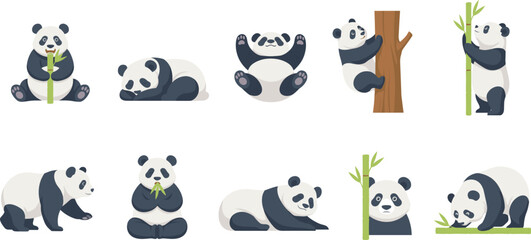 Cute giant panda vector illustration set featuring cartoon characters eating bamboo climbing trees sleeping and rolling around isolated on white background © Sukhi
