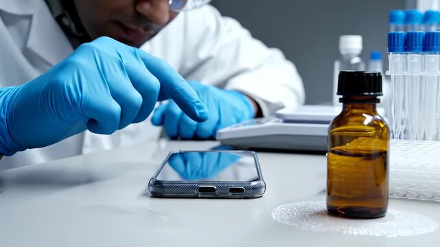 Scientist examines smartphone in laboratory with gloves near bottle. Researcher tests phone in lab with tubes. Scientist analyzes smartphone on table. Laboratory testing of phone with chemical bottle.