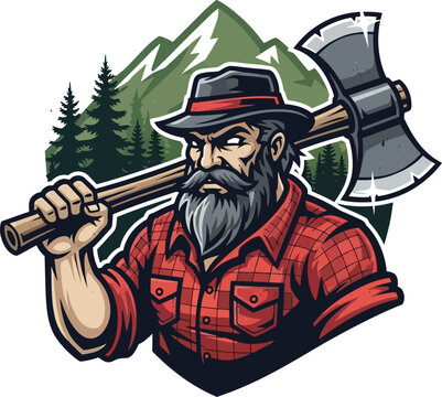 Rugged lumberjack character illustration a strong bearded man in a plaid shirt holding an axe with mountains and trees in the background perfect for outdoor adventure branding or wilderness concepts