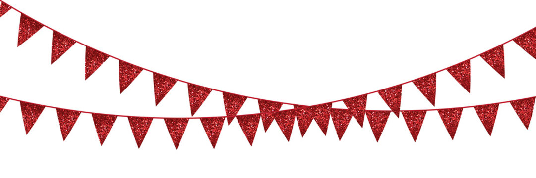 Red bunting flag garlands birthday party. Festive decoration banner.