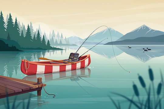 Person fishing from floating dock on calm lake