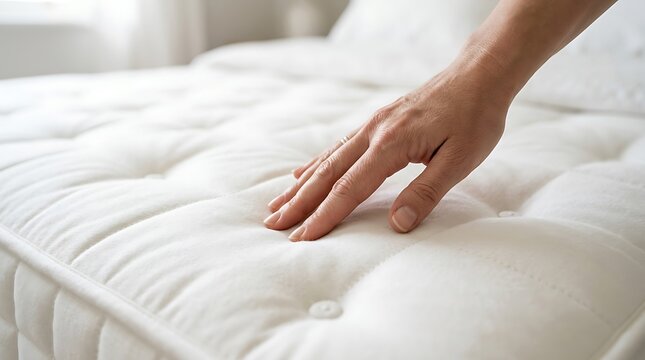Hand testing ultra-plush white mattress for comfort. Luxury bedding quality check on pristine bed.