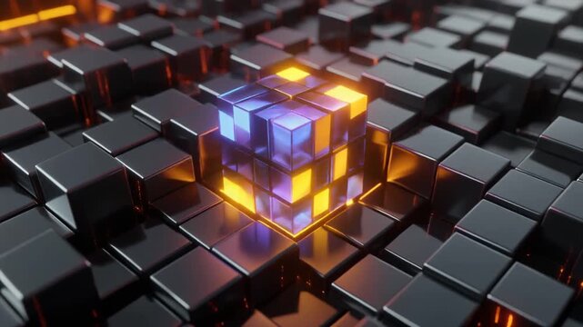 A glowing, transparent cube surrounded by dark metallic blocks in a modern geometric abstract scene