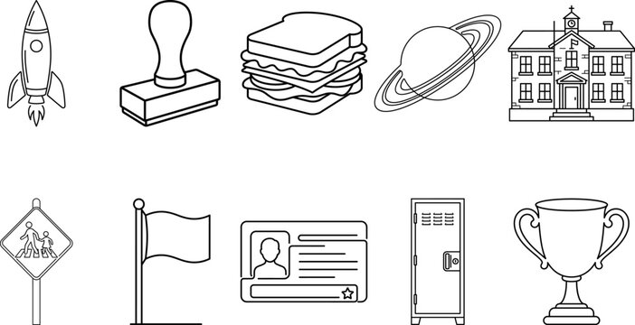 Back to school icon set black and white line drawings school icons and objects