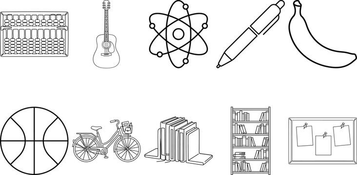 Back to school icon set line drawings of various objects and icons on white background