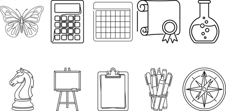 Back to school icon set Set of black line icons for education and business