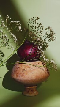 red onion, onion, whole onion, purple onion, fresh onion, ceramic vase, rustic vase, white flowers, delicate flowers, baby breath, floral arrangement, botanical still life, vegetable still life, rusti
