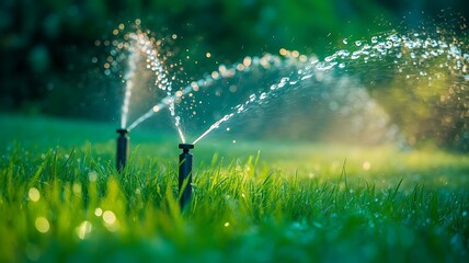Fototapeta premium Automatic garden irrigation system spraying water droplets over a lush green lawn during a sunny afternoon in a peaceful backyard landscape setting
