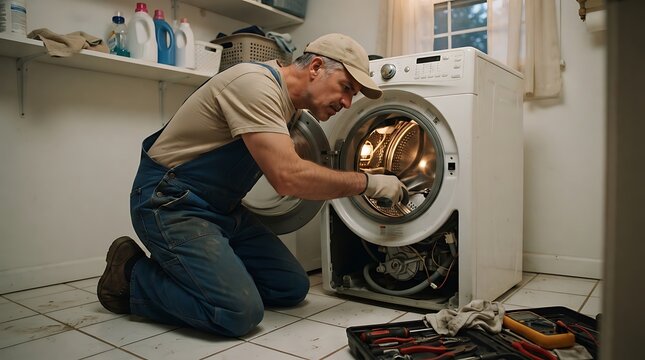 Man repairing a broken washing machine. Home handyman fixing appliance with tools.